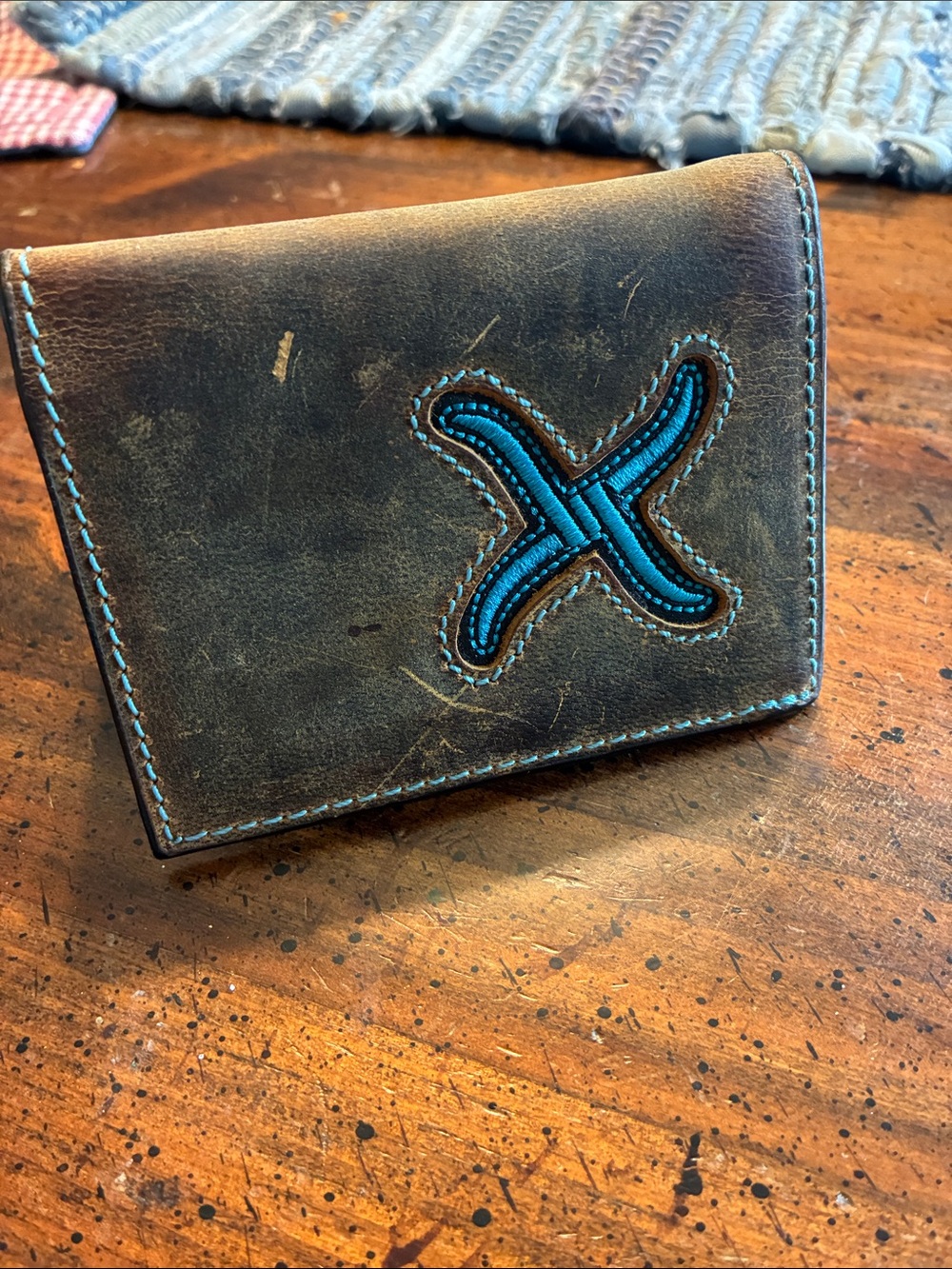 Twisted X Brown Leather Bifold Wallet with Turquoise Cross Stitch Accent